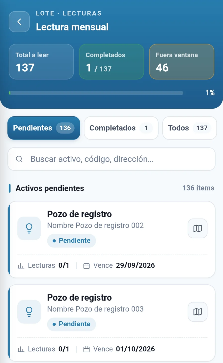 Lote de lectura mensual en la app de campo: 137 puntos a leer, el avance de la campaña, los que quedan fuera de ventana y la lista de pozos de registro pendientes con su fecha de vencimiento.