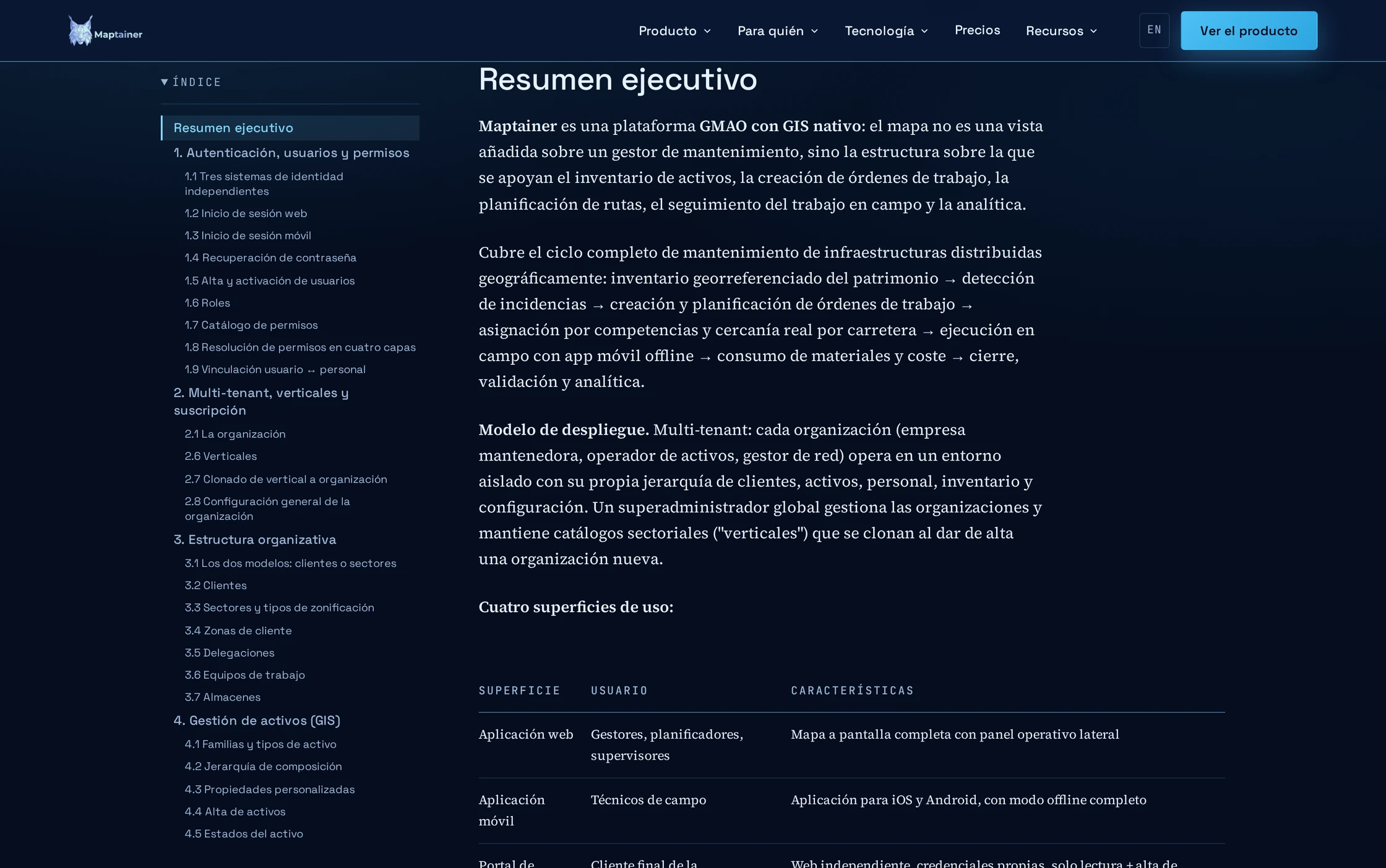 La documentación funcional pública abierta por su índice, con la numeración de apartados y subapartados a la vista junto al resumen ejecutivo.