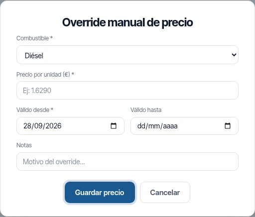 El diálogo «Override manual de precio».